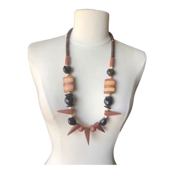 Vintage 1980’s Tribal Inspired Chunky Variety Style Shapes Wooden Brown Necklace - Picture 1 of 10